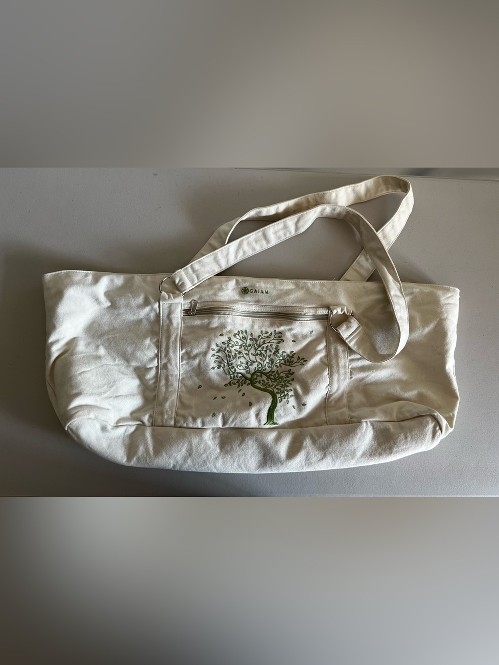 GAIAM Cream Canvas Tote for yoga mat with Green Tree Motif